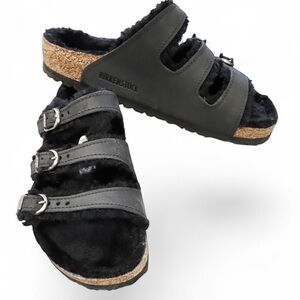 Birkenstock Florida Fresh Black Oiled Leather Shearling 3 Strap Sandal 38N